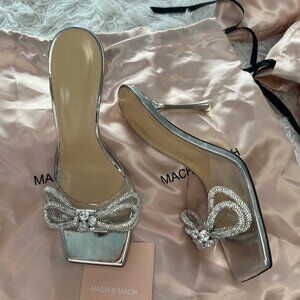 MACH & MACH Double Bow Crystal-embellished Leather PVC Glass Slipper Mules